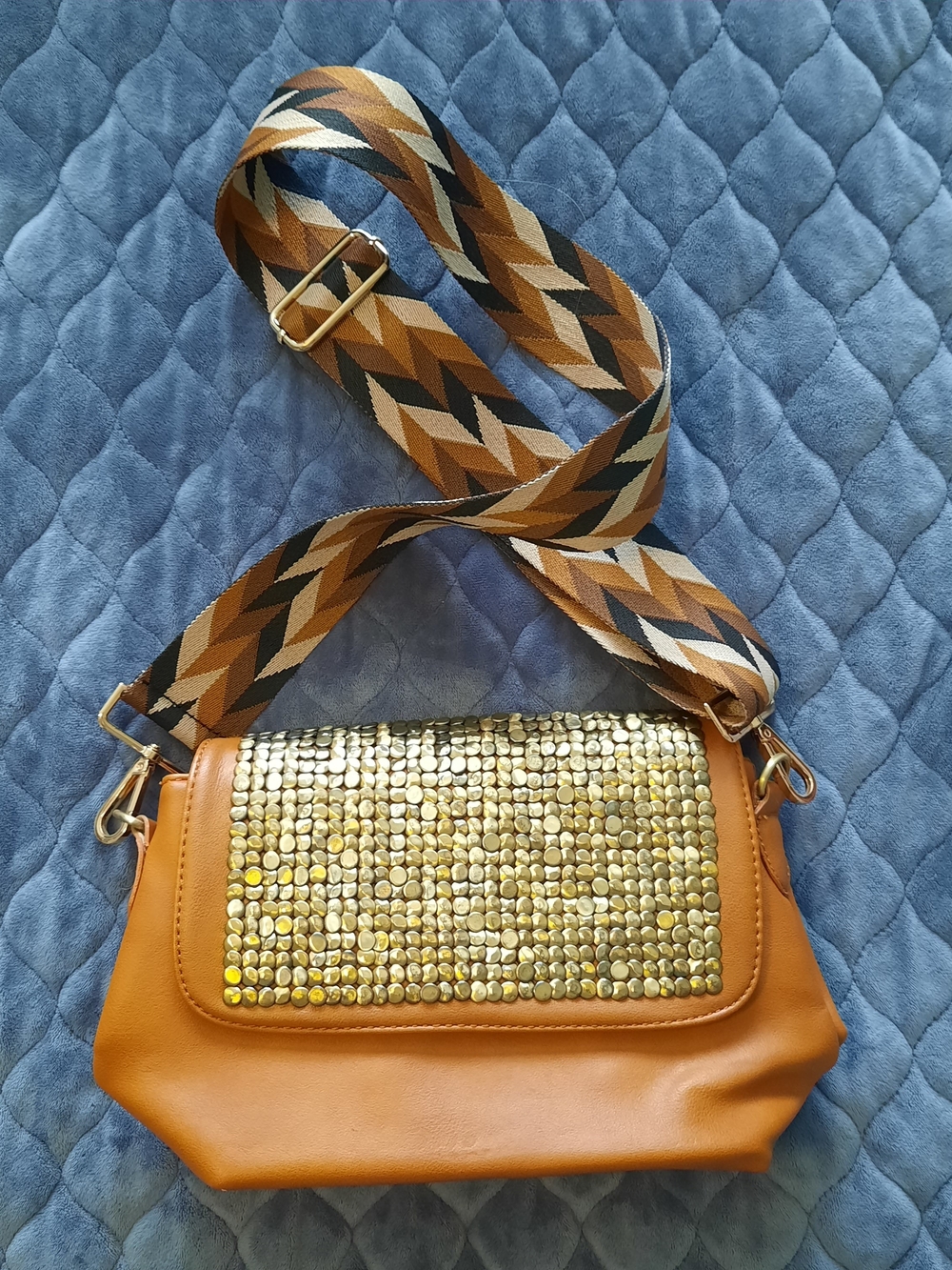 Street Level Gold Embellished Camel Crossbody Bag with Geometric Strap